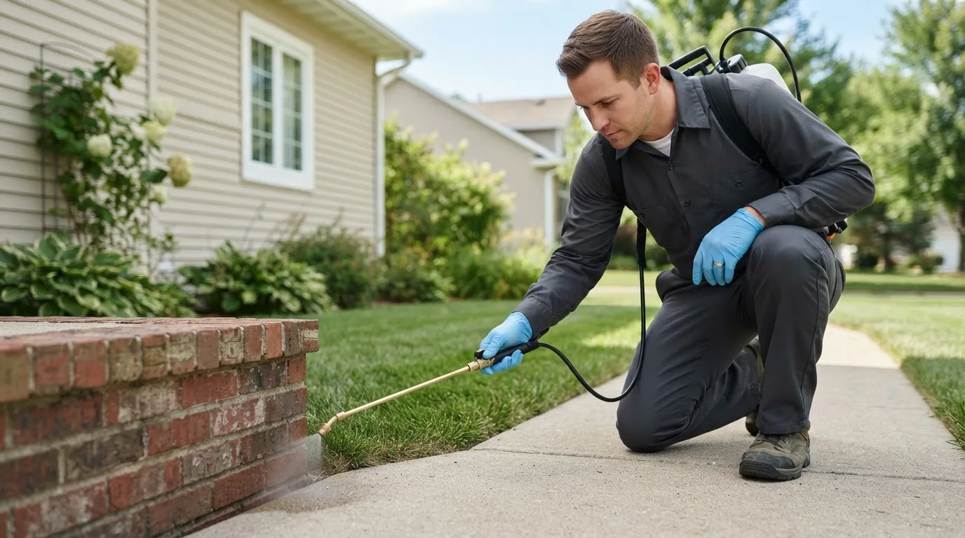 Pest control technician treating a home near Le Sueur, MN